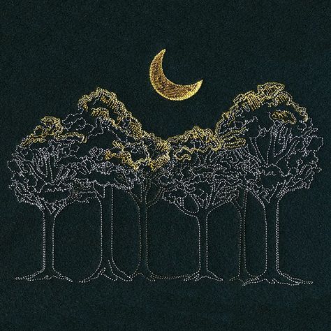 A crescent moon casts an illuminating glow over a forest of autumn trees in this machine embroidery design. Contains sheer stitching. Embroider totes, pillows, shirts, and more using dark-colored fabrics for best results. Forest Embroidery, Moonlit Forest, Freestanding Lace Embroidery, Urban Threads, Holiday Flower, Embroidered Tote, Applique Embroidery Designs, Free Machine Embroidery Designs, Flower Embroidery Designs