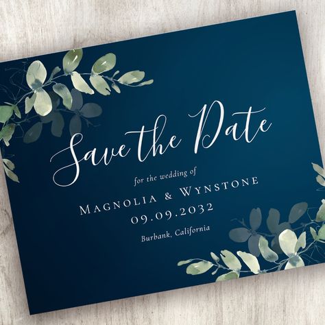 Blue Wedding Save The Date, Navy Blue Wedding Theme, Dark Blue Wedding, Olive Green Weddings, White Weddings Reception, Diy Save The Dates, Green Themed Wedding, Watercolor Eucalyptus, Sage Green Wedding