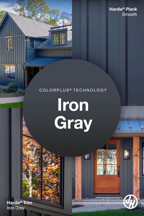 Find your perfect color match with Hardie® siding in Iron Gray from the Statement Collection™ products. With ColorPlus® Technology finishes, you’ll get baked-on color that lasts longer than a typical paint job. The finish comes with a 15-year limited warranty that covers paint and labor, protecting against peeling, cracking, and chipping. Discover the endless design possibilities, lasting beauty and trusted protection from James Hardie, America’s #1 brand of siding. Dark Siding, Gray Siding, Siding Colors For Houses, Grey Siding, James Hardie Siding, Hardie Siding, Modern Floor Plans, James Hardie, Siding Colors