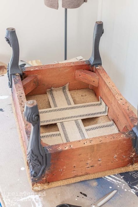 How To Upholster, Furniture Makeover Inspiration, Furniture Reupholstery, Upholstered Footstool, Upcycled Furniture Diy, Upholstery Tacks, Vintage Farmhouse Style, Upholstery Diy, Carved Legs