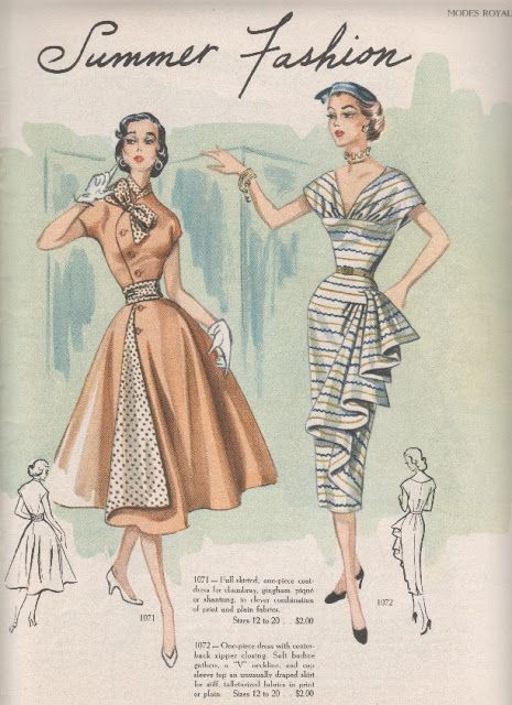 50s vintage fashion style color illustration summer fashion full skirt day dress party sheath cocktail white tan orange short sleeves hip swag draping Istoria Modei, Fab Frocks, Patron Vintage, Mode Retro, 1950 Fashion, Robes Vintage, Fashion Illustration Vintage, Vintage Dress Patterns, Fashion 1950s