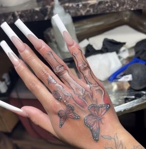 Bone Hand Tattoo, Unique Half Sleeve Tattoos, Hand Tattoos For Girls, Cute Hand Tattoos, Pretty Hand Tattoos, Bone Tattoos, Hand Tats, Tasteful Tattoos, Skeleton Hand Tattoo