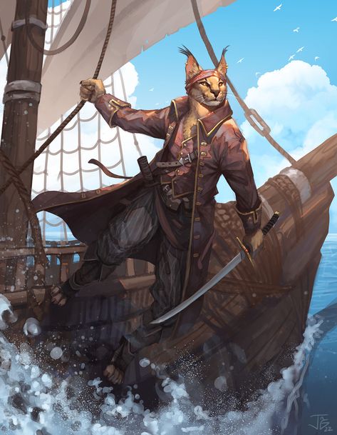 Shark Folk Dnd, Dnd Treasure Hunter, Dnd Ship Crew, Cat Pirate Art, Identical Twins Character Design, Beastfolk Character Design, Tabaxi Swashbuckler, Dnd Swashbuckler, D&d Pirate