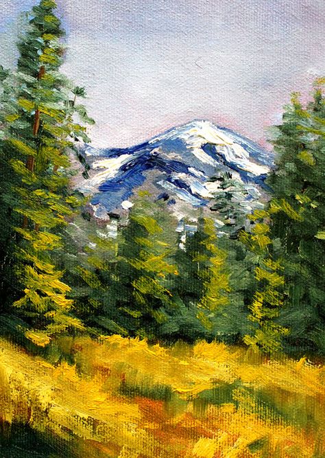 Impressionist Pine Trees, Mountains And Trees Painting Easy, Mountain Forest Drawing, Oil Painting Trees Forests, Impressionist Forest Painting, Woodland Scene Painting, Mountain And Tree Painting, Simple Mountain Landscape Painting, Painting Forest Trees