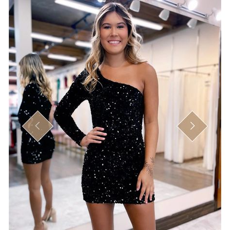 One Shoulder Black Sequin Dress. Still In Original Package Never Been Opened Hollywood Dress Ideas, Sequin Party Dress Short, Fitted Homecoming Dresses, Hoco Ideas, Black Sequin Shorts, Bodycon Dress Homecoming, Fall Ball, Sequin Homecoming Dress, Professional Dress