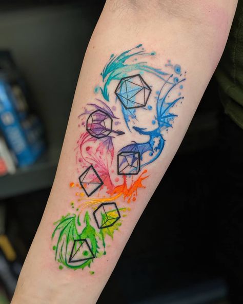 Alex Rodway on Instagram: “Whooooo wants to play Dungeons and Dragoooooonsssss?! Aw man, this was a fun project I got to do today. Thanks for being a cool nerd,…” Tesseract Tattoo, Dice Tattoo, Nerdy Tattoos, Nerd Tattoo, Fantasy Tattoos, Geek Tattoo, D Tattoo, Tatuaje A Color, Tattoo Design Book