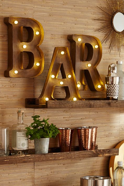 Pier 1’s LED-equipped Marquee Wall Letters will help you make a stylish statement to your Thanksgiving guests—like "Here's the bar," for example. Coffee Bar Cart, Opening A Coffee Shop, Condo Decor, Dining Ideas, Bar Designs, Backyard Bar, Home Bar Designs, Mini Bars, Bar Cart Decor