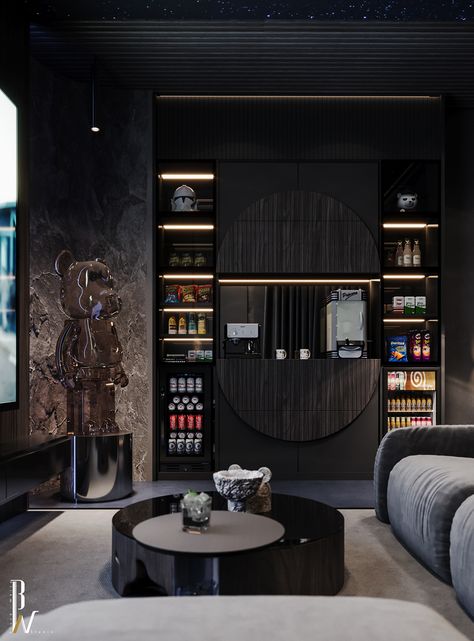 Cinema :: Behance Media Room With Bar Ideas, Snack Bar Cinema Room, Luxury Home Theatre Design, Home Cinema Snack Bar, Cinema Snack Bar, Movie Room Snack Bar Ideas, Home Theatre Bar, Modern Theater Room, Cinema Room Ideas