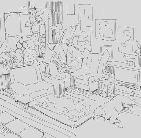 Corner Of Room Drawing, Living Room Drawing Illustration, Room Pencil Drawing, How To Draw A Room, Background Practice, Dream Living Room, Drawing Furniture, Shading Drawing, Perspective Sketch