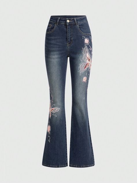 ROMWE Goth Vintage Y2K Butterfly Rose Jacquard Embroidered Women Low Waist Slim Fit Flare Denim Jeans, SchoolI discovered amazing products on SHEIN.com, come check them out! Butterfly Embroidered Jeans, Vintage Low Waist Jeans, Cool Flare Jeans, Y2k Butterfly Jeans, Cute Jean Pants, 2000's Jeans, Y2k Flare Jeans, Y2k Low Rise Jeans, Blue Flared Jeans