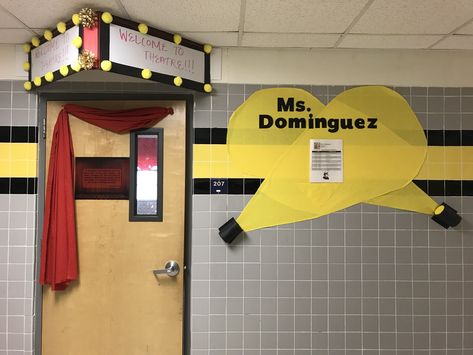 Drama classroom door decoration Theater Classroom, Classroom Layouts, Drama Classroom, Middle School Drama, School Theater, Theatre Classroom, Exhibition Ideas, Drama Class, Classroom Layout