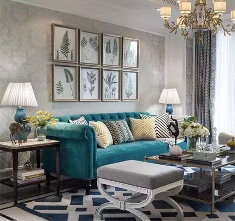 Beautiful turquoise sofa for family room Apartamento New York, Turquoise Sofa, Turquoise Living Room Decor, Turquoise Room, Living Room Turquoise, Green Living Room Decor, Grey Couch Living Room, Living Room Images, Living Room Decor Colors