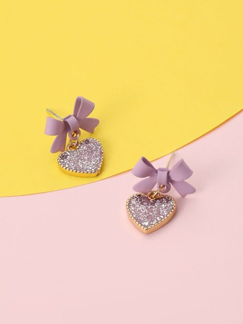 Purple    Zinc Alloy  Dangle Embellished   Kids Jewelry & Watches Bow Season, Purple Collar, Bow Decor, Bow Accessories, Kids Earrings, Heart Drop Earrings, Girls Bows, Kids Jewelry, Cute Jewelry