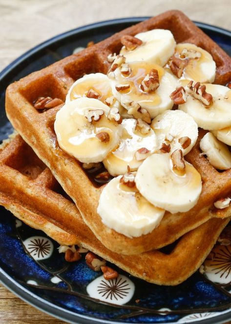 Banana Waffles are crisp, light, and fluffy! (traditional and gluten free recipes included) - by barefeetinthekitchen.com Banana Bread Waffles, Banana Waffle Recipe, Sourdough Waffle Recipe, Yeasted Waffles, Sourdough Waffles, Recipes Pancakes, Fruit And Yogurt, Fancy Breakfast, Banana Waffles