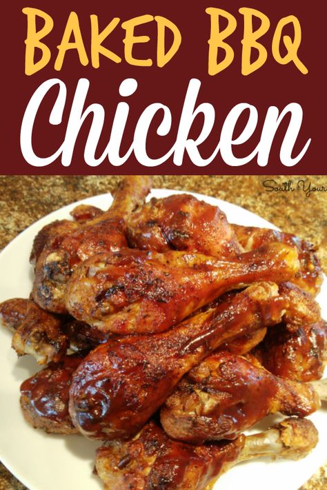 Baked Barbequed Chicken | An oven-baked BBQ chicken recipe for legs, thighs or leg quarters cooked low-and-slow that tastes like it came right off the grill. Baked Barbeque Chicken, Barbeque Chicken Recipes, Baked Bbq Chicken Recipes, Oven Baked Bbq Chicken, Bbq Chicken Recipe, Bbq Chicken Legs, Leg Quarters, Barbeque Chicken, Barbeque Recipes