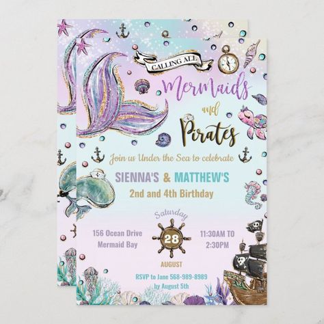 Mermaids and Pirates Joint Birthday Under the Sea Invitation - tap/click to get yours right now! #Invitation #affiliatelink #mermaids #and #pirates #birthday Mermaids And Pirates, Pirate Birthday Party Invitations, Pirates Birthday Party, Sea Invitation, Birthday Under The Sea, Pirate Birthday Invitations, Twins Birthday, Twins 1st Birthdays, Mermaid Birthday Invitations