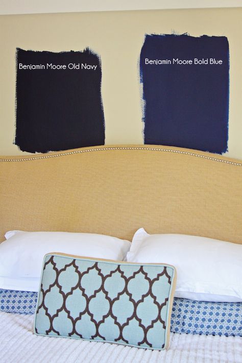 paiges of style: Which Navy for our Bedroom Walls? Small Room Paint, Dining Room Navy, Benjamin Moore Blue, Best Bedroom Paint Colors, Navy Blue Paint, Farmhouse Style Bedroom Decor, Modern Farmhouse Style Bedroom, Bold Bedroom, Bold Paint Colors