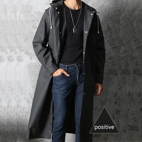 Men's Raincoat Men Waterproof Rain Resistant Black Adult Windbreaker Style Raincoat Waterproof Raincoat Men, Long Raincoat, Black Raincoat, Mens Raincoat, Long Rain Coat, Waterproof Coat, Poncho Style, Hooded Raincoat, Raincoats For Women