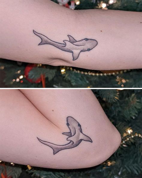 Spooky Shark Tattoo, Shark Elbow Tattoo, Inner Knee Tattoo, Jaws Tattoo, Inner Elbow Tattoo, Elbow Tattoo Ideas, Shark Jaws Tattoo, Inner Elbow Tattoos, Moving On Tattoos