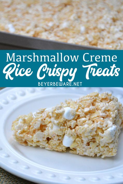 Marshmallow creme rice crispy treats are the no-bake, gluten-free dessert every child loves and is so easy to make with marshmallow creme, butter, marshmallows, and Rice Krispies. #Recipes #GlutenFree #NoBake #RiceKrispies #RiceCrispyTreats #MarshmallowFluff #Marshmallow Marshmallow Desert, Best Rice Crispy Treats, Best Rice Crispy Treats Recipe, Crispy Treats Recipe, Marshmallow Fluff Recipes, Cookies And Cream Fudge, Rice Crispy Treats Recipe, Peanut Butter Rice Krispies, Best Rice