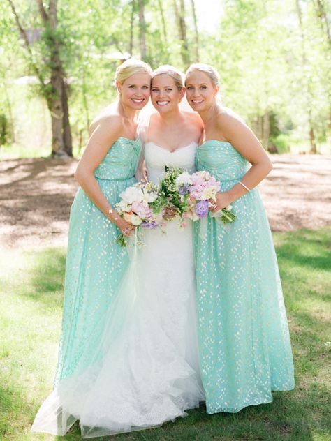 Mint Bridesmaids Dresses | photography by http://kateholstein.com/ | wedding planning by http://www.bluebirdaspen.com/ | floral design by http://carolynsaspen.com/ Pastel Bridesmaids, Printed Bridesmaid Dresses, Wedding Mint, Mint Bridesmaid, Mint Bridesmaid Dresses, Pastel Bridesmaid Dresses, Bridesmaid Dresses 2018, Aspen Wedding, Floral Bridesmaid Dresses