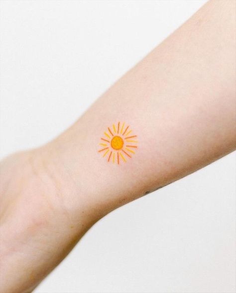 Colored Sun Tattoo Small, Melting Sun Tattoo, Yellow Sun Tattoo Small, Sun Tattoo Small Sunshine, Delicate Sun Tattoo, Sun Cloud Tattoo, Yellow Ink Tattoo, Yellow Ink Tattoos, Watercolor Sun Tattoo