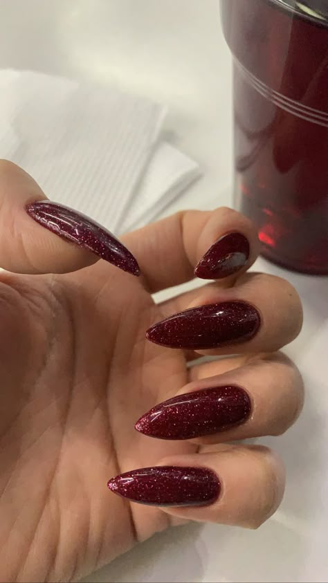 Red Wine Glitter Nails, Red Nails With Glitter Design, Wine Red Nails With Glitter, Glitter Dark Red Nails, Maroon Shimmer Nails, Glitter Cherry Nails, Dark Sparkly Red Nails, Deep Red Glitter Nails, Burgundy Glitter Nails Acrylic