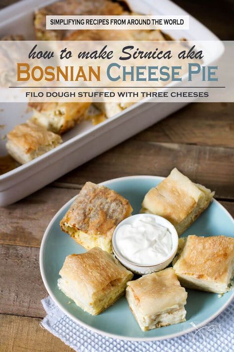 Bosnian cheese pie aka pita sirnica is delicious, three-cheese stuffed flaky filo pastry dough baked and enjoyed as an appetizer, snack, or a main course. Mint Chocolate Cake, Savory Cheese, Country Recipes, Cheese Pie, Filo Pastry, Cheese Pies, Three Cheese, Grandma's House, Pastry Sheets