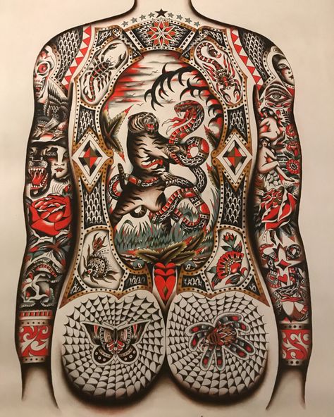 Chingy Fringe & Ayden Thomas Traditional Tattoo Painting, Backpiece Tattoo, Traditional Tattoo Inspiration, Framed Tattoo, Traditional Tattoo Sleeve, Tattoo Photography, Tattoo Traditional, Old School Tattoo Designs, Full Body Tattoo