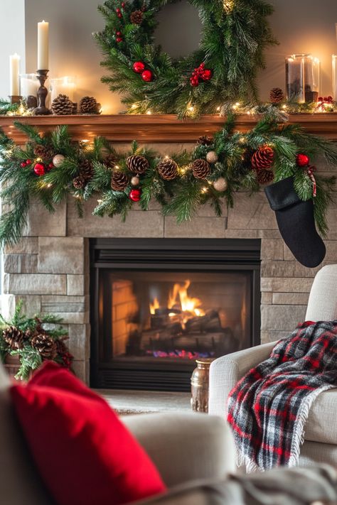 Create a warm and inviting space with this cozy winter home decor. Featuring a beautifully adorned fireplace with wreaths, pinecones, and candles, it's perfect for the holiday season. Transform your living room into a winter wonderland with these elegant touches. #WinterHomeDecor #HolidayDecor #CozyHome Cozy Cottage Christmas Decor, Mantels Decorated, Fireplace Mantle Christmas Decor, Christmas Mantles Ideas Fireplaces, Fireplace Mantle Christmas, Mantle Christmas Decor Ideas, Mantle Christmas Decor, Christmas Fireplaces, Cozy Winter Home