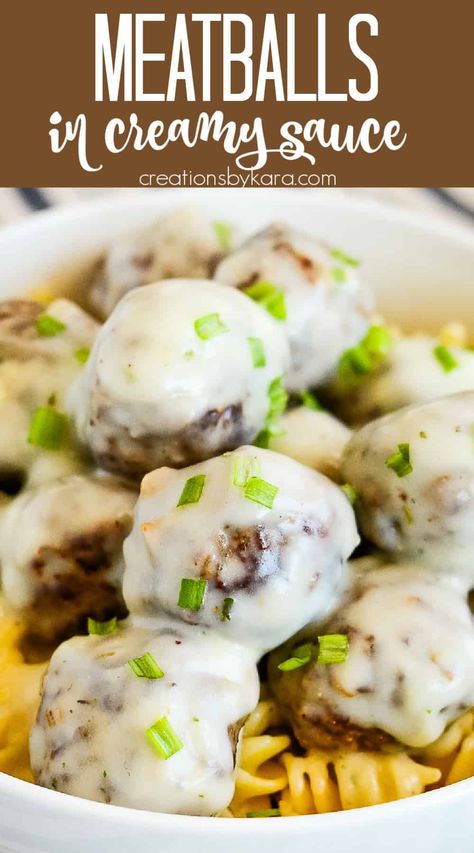 Tender meatballs in a light, creamy sauce. Even picky eaters love this hearty main dish! Unlike Swedish meatballs, you don't need sour cream. #meatballs #creamsauce @Creations by Kara Sour Cream Meatballs, Cream Sauce For Meatballs, Creamy Meatball Sauce, Easy Meatball Sauce, Meatballs In Cream Sauce, Creamy Meatballs, Pot Roast Stew, Hamburger Dinners, Recipe For Meatballs