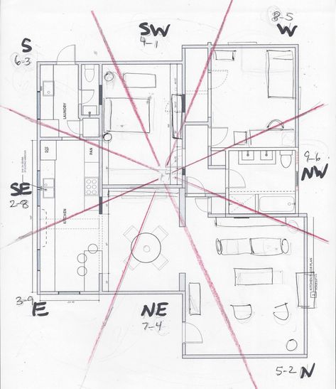 Feng Shui Floor Plan Layout, Feng Shui Grid, Feng Shui House Plans, Feng Shui Floor Plan, House Feng Shui, South Facing House, 3 Bedroom Floor Plan, Cardinal Directions, Feng Shui House