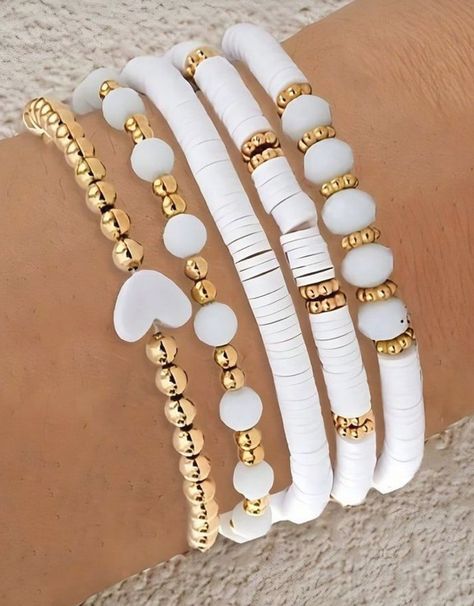 Polymer Clay Bead Bracelet Patterns, Stretch Bracelet Ideas, Cute Neutral Clay Bead Bracelets, White Bracelet Ideas, Stack Bracelet Ideas, Everyday Beaded Polymer Clay Bracelets, Neutral Clay Bead Bracelets, Playful White Heishi Beads Bracelets, White And Gold Clay Bead Bracelet