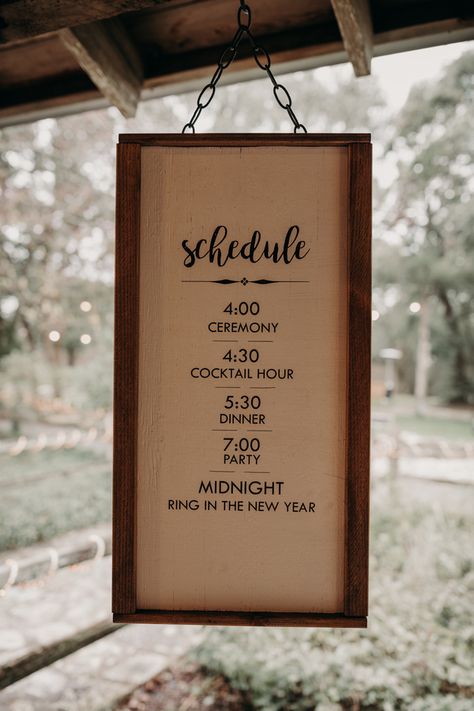 Wedding Schedule Sign, Diy Nye, New Year's Eve Wedding, House On The Hill, Wedding Schedule, Nye Wedding, New Years Eve Weddings, Wedding Details Card, Brown Wedding