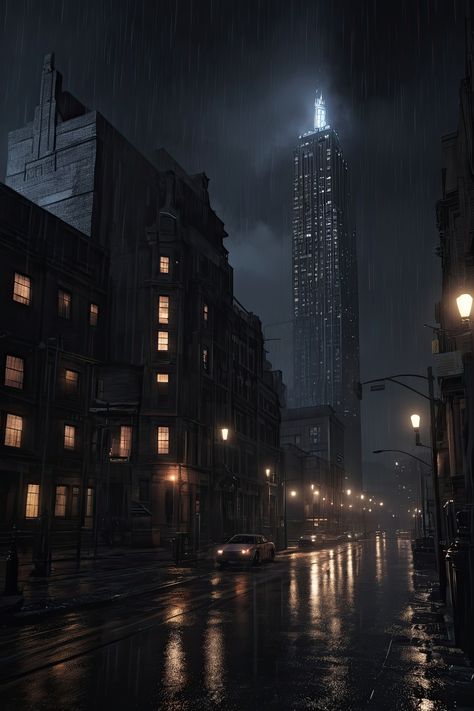 Immerse yourself in the mesmerizing beauty of Gotham City at night. The ultra-realistic depiction showcases Wayne Tower amid a torrential downpour, evoking a captivating dark aesthetic. The level of detail in the real-looking buildings and the hyper-realistic ambiance create a stunning visual experience. . #GothamCity #WayneTower #DarkAesthetic #HyperRealistic #UltraRealistic #RainyNight New York City Dark Aesthetic, Noir City Art, Rainy Dark Aesthetic, Dark Urban Aesthetic, Wayne Tower, Gotham City Aesthetic, Dark City Aesthetic, Wayne Aesthetic, Gotham Aesthetic