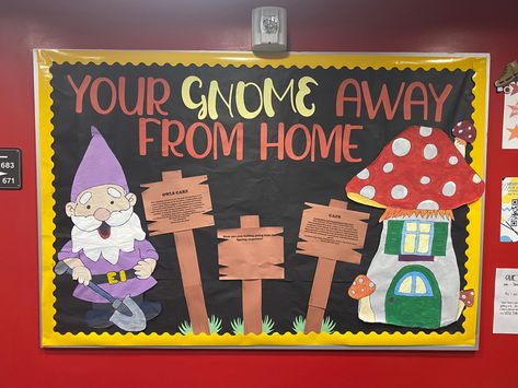 Gnome themed RA bulletin Fantasy Bulletin Board, Mushroom Bulletin Board, Gnome Classroom Door, Gnome Classroom Theme, Gnome Bulletin Board Ideas, Ra Themes Floors, Ra Hall Themes, Ra Floor Themes, Gnome Bulletin Board