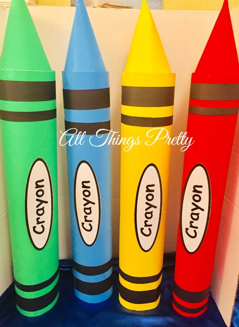 Crayola Crayon Centerpieces I   Handmade for a Birthday Party 🥳🥳 Crayon Box Out Of Cardboard, Crayon Centerpiece Ideas, Crayon Centerpieces, School Library Posters, Crayola Party, Crayola Birthday Party, World Book Day Ideas, Alphabet Birthday, Crayon Crafts