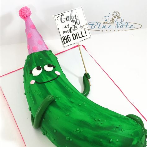 Big Dill pickle cake. Cucumber Cake Design, Pickle Shaped Birthday Cake, Pickle Cake Decoration, Pickle Birthday Cakes, Pickle Cake Ideas, Pickle Party Decorations, Pickle Themed Birthday Party, Pickle Party Theme, Pickle Birthday Party