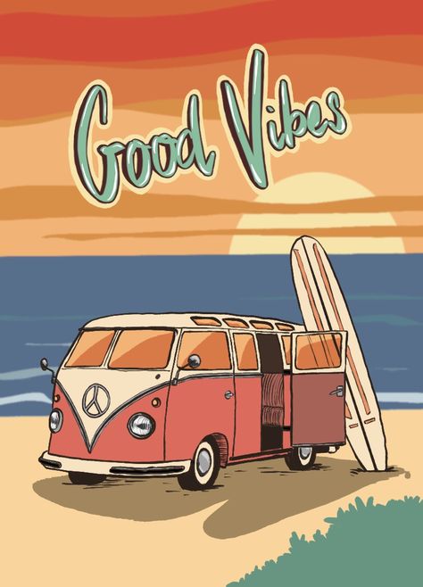 Vw Bus Art, Retro Surf Art, Volkswagen T5, Bus Art, Sublimacion Ideas, Retro Painting, Vw Art, Retro Artwork, Beach Illustration