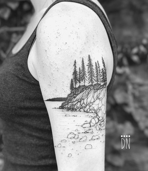 Freehand tattoo of Acadia National Park by Lone Wolf  (@dinonemec on Instagram) Acadia Tattoo, National Park Tattoo, Maine Tattoo, Wheat Tattoo, Aa Tattoos, Ancient Tattoo, Bike Tattoos, Landscape Tattoo, Cute Tattoos For Women