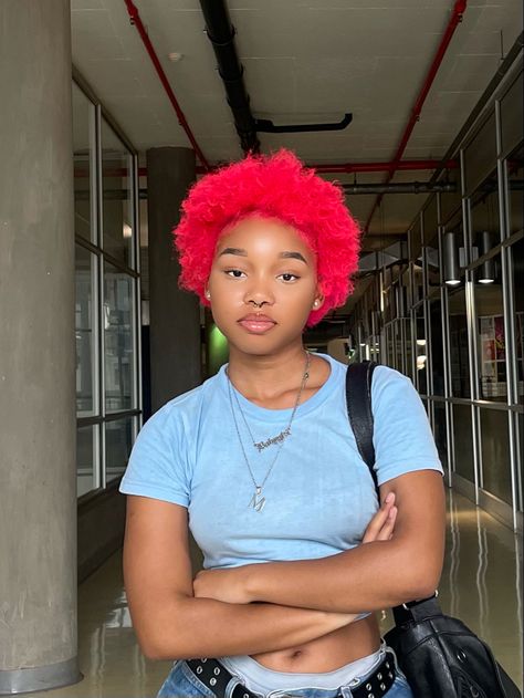 Dyed Natural Hair For Black Women Short Hairstyles, Pink Afro Hair Black Women, Pink Dyed Hair Black Women, Pink 4c Hair, Dyed Afro Hair 4c, Dyed 4c Hair, Pink Natural Hair, Pink Afro, Pink Short Hair