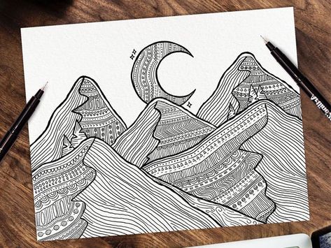 MOUNTAIN PATTERNS by Megan Steele Zen Doodle Patterns, Sharpie Crafts, Easy Mandala Drawing, Mandela Art, Mandala Art Therapy, Zen Doodle Art, Heart Drawing, Line Art Design, Mountain Scene