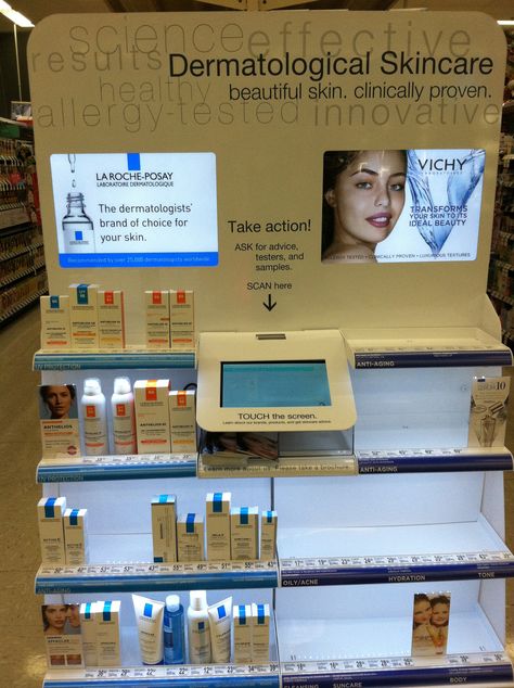 Walgreens has a touch screen endcap that helps shoppers find what products fit them (skin care). Skincare Shelf, Beauty Display, Posm Display, Digital Kiosk, Interior Objects, Shelf Talkers, Razor Stand, Beauty Branding, Digital Sign