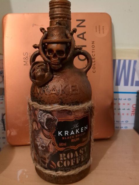 Kraken Bottle Crafts, Pirate Ship In A Bottle, Pirate Message In A Bottle, Pirate Rum Bottle, Kraken Rum, Skull Vodka Bottle, Rum Bottle, Halloween Dinner, Mixed Media Crafts