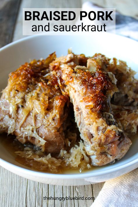 Braised Pork and Sauerkraut, pork ribs braised in a low, slow oven with sauerkraut and brown sugar, so easy with just three ingredients! #thehungrybluebird #braisedporkandsauerkraut #porkandsauerkraut #porkandsauerkrautrecipes #easyrecipe #inoven #comfortfood #newyearsdayfood Braised Pork And Sauerkraut, Pork And Sauerkraut Crockpot Brown Sugar, Pork Ribs And Sauerkraut Oven, Short Ribs And Sauerkraut, Pork Ribs With Sauerkraut, Pork Ribs And Sauerkraut, Ribs And Sauerkraut, Sour Kraut, Pork And Sauerkraut Recipe