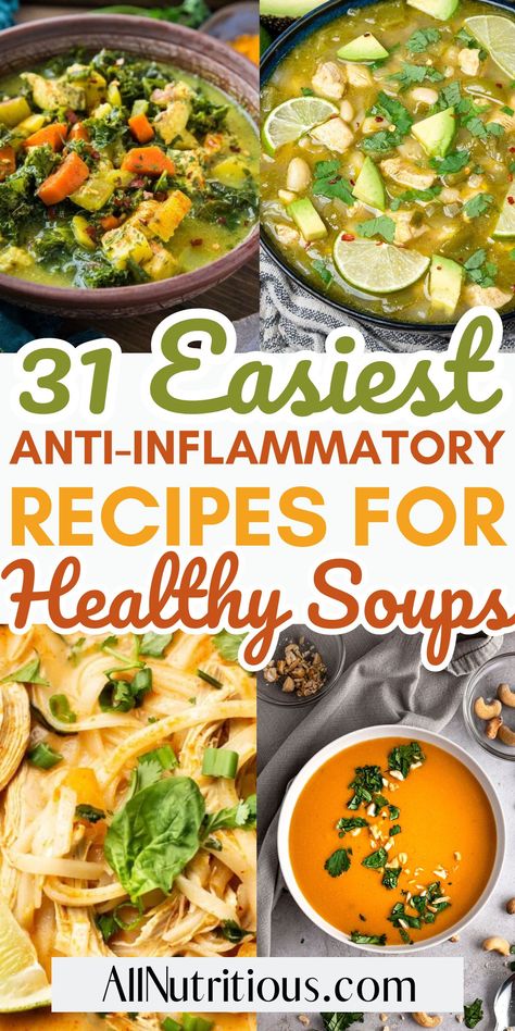 Explore a collection of healthy soup recipes crafted to boost immunity and fight inflammation. These anti inflammation recipes provide delicious options for wholesome and satisfying healthy diet meals. Tumeric Recipes Inflammation, Detox Soups For Inflammation, Antiinflammatory Soup Crockpot, Anti Inflammation Recipes Summer, Fertility Soup Recipe, Anti Immflamatory Recipes Lunch, Anti Inflammation Crockpot Recipes, Healthy Antiinflammatory Meals, Anti Inflammation Recipe