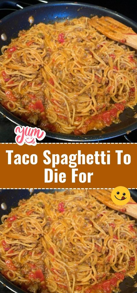 Get ready for a fusion of flavors with Taco Spaghetti to Die For. Pasta meets taco seasoning for a dish that's truly unforgettable. Perfect for Tex-Mex enthusiasts. #TacoSpaghetti #TexMexFlavors #FusionCuisine Spaghetti Tacos Recipe, Taco Spaghetti To Die For, Mexican Spaghetti Recipes, Taco Spaghetti Easy, Taco Spaghetti Bake, Spaghetti Taco, Taco Meals, One Pot Taco Spaghetti, Tex Mex Food