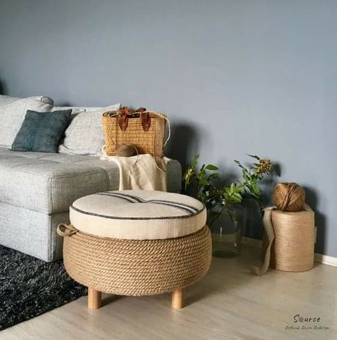 Rope Ottoman, Kursi Ban, Diy Industrial Furniture, Tire Furniture, Diy Room Decor Videos, Unique Furniture Pieces, Dekor Diy, Grain Sack, Diy Home Furniture