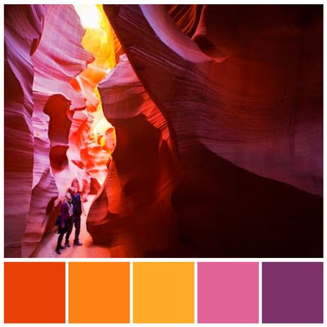 Stunning palette of 'warm' colours features in Antelope Canyon. Image sourced from Grand Canyon Collective. Colour illustration by Zena O’Connor, PhD © Design Research Associates. The Wave Arizona, Colour Illustration, Color Design Inspiration, Flow Painting, Warm Colours, College Board, Color Palette Bright, Color Chip, Brand Color Palette