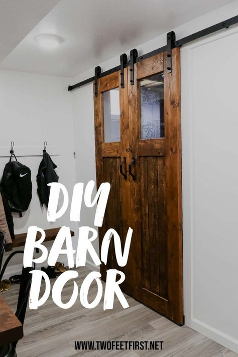 Building a barn door can add privacy and style to any room of the house. Learn how to make a DIY barn door that has a glass window at an affordable price. Create a double or single sliding barn door with these easy plans. #twofeetfirst #barndoor Barn Door With Glass, Build A Barn Door, Single Sliding Barn Door, Diy Barn Door Plans, Finish Basement, Barn Door Window, Rental Ideas, Building A Barn Door, Garage Bedroom